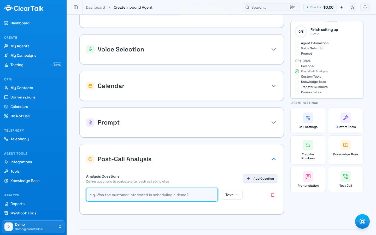 The Post-Call Analysis section of the agent form, expanded to show an Analysis Questions heading, an Add Question button, and one empty question row with a type selector set to Text.