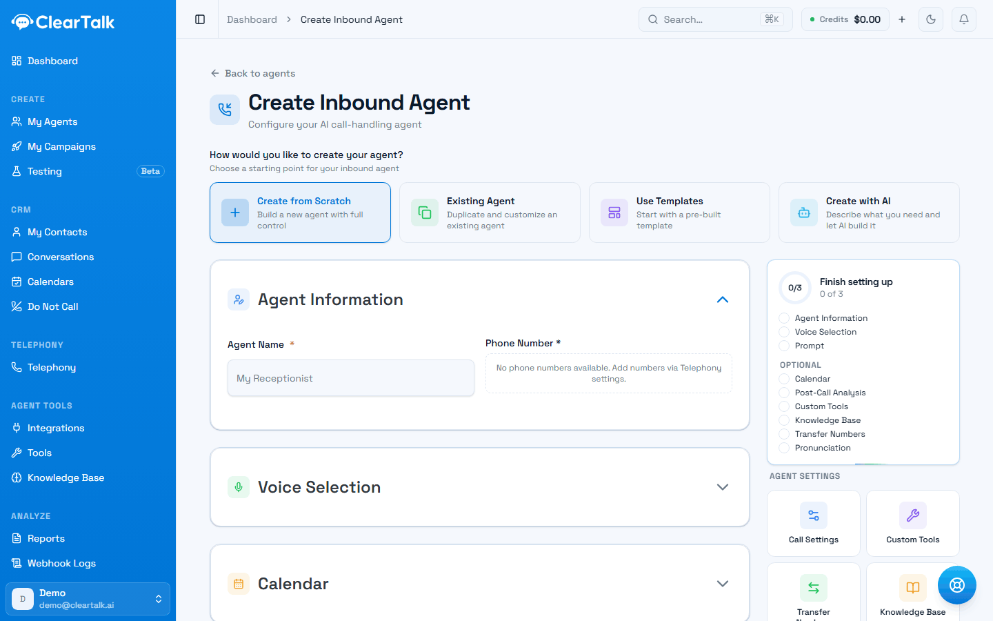 The Create Inbound Agent page, showing four starting points across the top, the Agent Information and Voice Selection sections, a setup checklist listing three required and six optional items, and an Agent Settings panel of buttons.