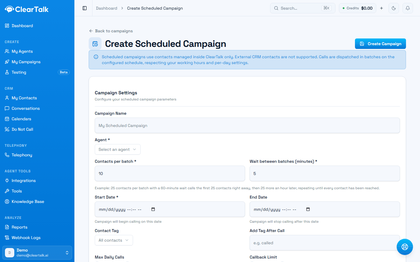 The Create Scheduled Campaign form, with a notice that it dials ClearTalk contacts only, above batch size, wait, start and end date, tag and daily-cap fields.