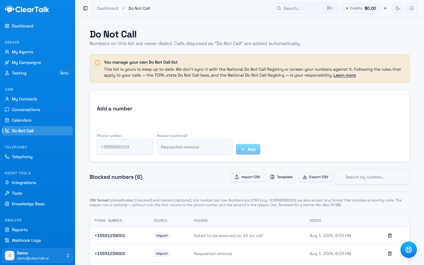 The Do Not Call page showing the compliance notice, the add form, and the blocked numbers table